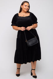 Black Velvet Tiered Plus Midi Dress