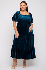 Teal Velvet Tiered Plus Midi Dress