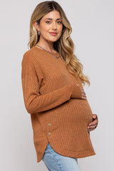 Camel Ribbed Round Hem Button Maternity Top