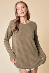 Olive Ribbed Round Hem Button Top