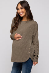 Olive Ribbed Round Hem Button Maternity Top