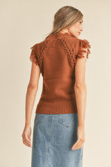 Taupe Cable Knit Sweater Vest With Fringe