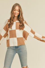 Mocha Checker Oversized Checkerboard Pullover