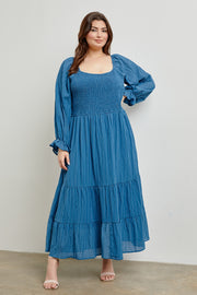 Blue Textured Stripe Smocked Square Neck Plus Midi Dress