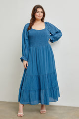 Blue Textured Stripe Smocked Square Neck Maternity Plus Midi Dress