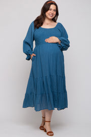 Blue Textured Stripe Smocked Square Neck Maternity Plus Midi Dress