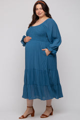 Blue Textured Stripe Smocked Square Neck Maternity Plus Midi Dress