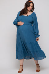 Blue Textured Stripe Smocked Square Neck Maternity Plus Midi Dress