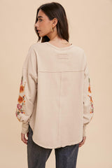 Beige Garment Washed Pullover With Embroidered Sleeves