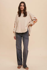 Beige Garment Washed Pullover With Embroidered Sleeves