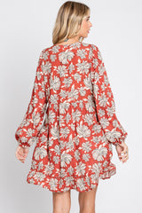 Rust Floral V-Neck Long Sleeve Dress