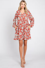 Rust Floral V-Neck Long Sleeve Dress