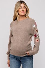 Beige Knit Floral Maternity Sweater