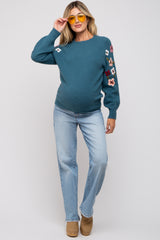 Teal Knit Floral Maternity Sweater