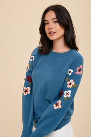 Teal Knit Floral Sweater