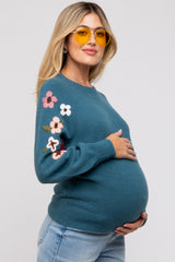 Teal Knit Floral Maternity Sweater