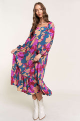 Fuchsia Floral Square Neck Long Sleeve Midi Dress