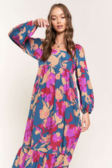 Fuchsia Floral Square Neck Long Sleeve Midi Dress