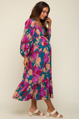 Fuchsia Floral Square Neck Long Sleeve Maternity Midi Dress