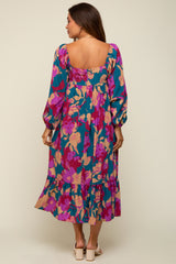 Fuchsia Floral Square Neck Long Sleeve Maternity Midi Dress