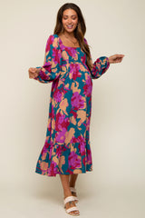 Fuchsia Floral Square Neck Long Sleeve Maternity Midi Dress