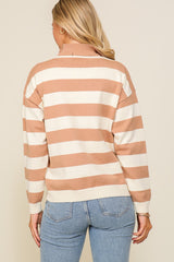 Taupe Cream Polo Half Zip Up Striped Sweater Top