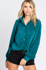 Teal Plisse Button Up Long Sleeve Top