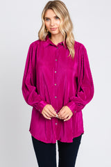 Magenta Plisse Button Up Long Sleeve Top