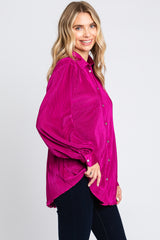 Magenta Plisse Button Up Long Sleeve Top