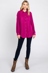 Magenta Plisse Button Up Long Sleeve Top