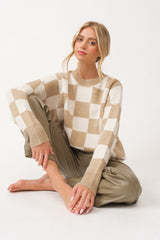 Taupe Checkered Print Sweater