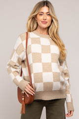 Taupe Checkered Print Maternity Sweater