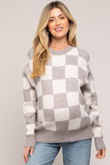 Heather Grey Checkered Print Maternity Sweater