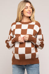 Brown Checkered Print Maternity Sweater