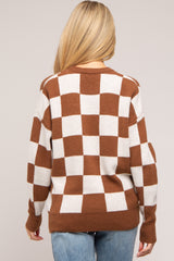 Brown Checkered Print Maternity Sweater