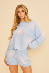 Blue Round Neck Floral Print Lounge Top