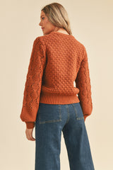 Brick Brown Mixed Pointelle Puff Sleeve Sweater