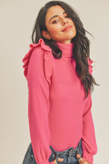 Deep Pink Shoulder Ruffle Turtleneck Sweater