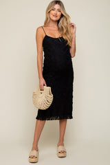 Black Fringe Mesh Maternity Midi Dress