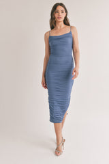 Blue Mesh Ruched Maternity Side Slit Midi Dress