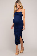 Navy Blue Mesh Ruched Maternity Side Slit Midi Dress