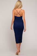 Navy Blue Mesh Ruched Maternity Side Slit Midi Dress