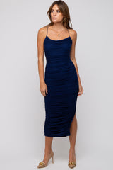 Navy Blue Mesh Ruched Maternity Side Slit Midi Dress