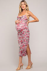 Pink Floral Mesh Ruched Criss Cross Back Maternity Midi Dress