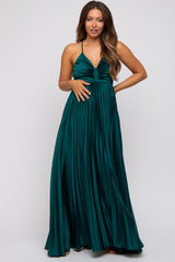 Forest Green Satin Pleated Cutout Maternity Gown