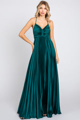 Forest Green Satin Pleated Cutout Gown