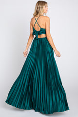 Forest Green Satin Pleated Cutout Gown