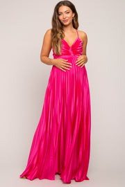 Fuchsia Satin Pleated Cutout Maternity Gown