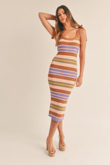 Camel Striped Sweater Knit Shoulder Tie Maternity Midi Dress