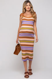 Camel Striped Sweater Knit Shoulder Tie Maternity Midi Dress